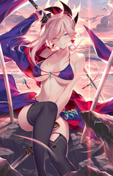 Anime picture 650x1011 with fate (series) fate/grand order miyamoto musashi (fate) kousaki rui single long hair tall image looking at viewer blush fringe breasts blue eyes light erotic smile hair between eyes large breasts sitting bare shoulders signed pink hair