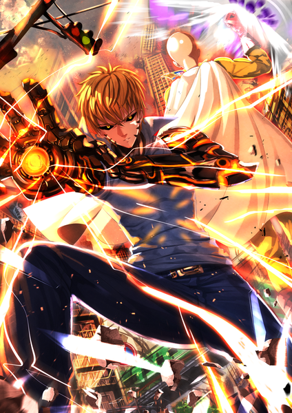 Anime picture 1187x1680 with one-punch man madhouse saitama (one-punch man) genos swordsouls tall image looking at viewer short hair blonde hair yellow eyes multiple boys glowing bald mechanical parts superhero boy 2 boys cloak