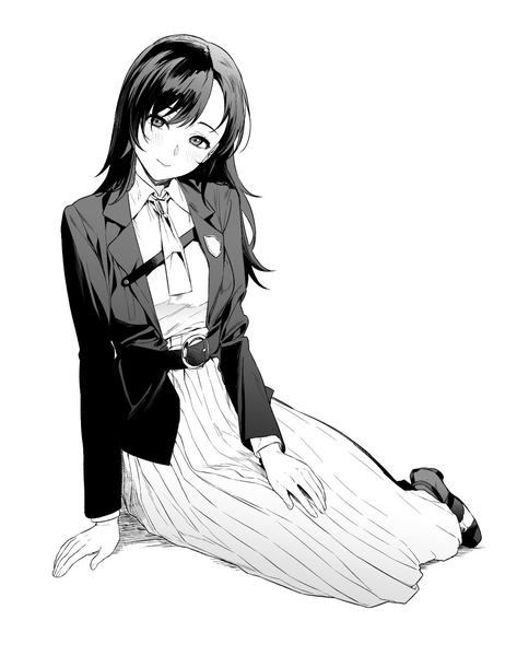 Anime picture 1342x1701 with tagme (copyright) tagme (character) amanekuu single long hair tall image looking at viewer blush fringe simple background smile white background sitting bent knee (knees) head tilt pleated skirt arm support monochrome yokozuwari girl