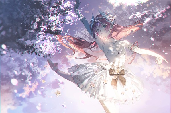 Anime picture 5304x3510 with original fajyobore single long hair blush fringe highres hair between eyes bare shoulders looking away pink hair absurdres arm up aqua eyes sparkle armpit (armpits) floating hair cherry blossoms outstretched arm dancing