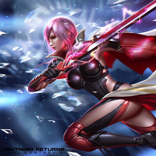 Anime picture 1000x1000 with final fantasy final fantasy xiii square enix lightning farron liang xing single fringe short hair breasts blue eyes light erotic holding signed looking away pink hair bent knee (knees) ass profile realistic inscription