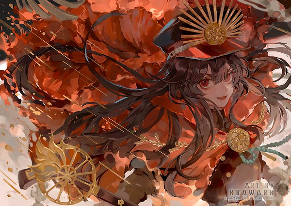 Anime picture 1000x709 with fate (series) fate/grand order koha-ace oda nobunaga (fate) (all) oda nobunaga (fate) renos single long hair looking at viewer fringe open mouth black hair hair between eyes red eyes signed :d from above girl peaked cap