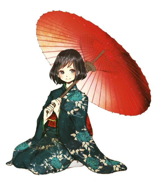 Anime picture 1238x1392 with original matimati single tall image looking at viewer blush short hair black hair simple background smile white background sitting traditional clothes japanese clothes black eyes girl kimono umbrella