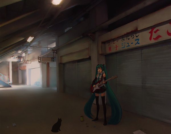 Anime picture 1304x1018 with vocaloid hatsune miku kintsuku long hair open mouth twintails eyes closed green hair aqua hair singing girl detached sleeves animal cat musical instrument guitar