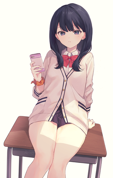 Anime picture 700x1098 with gridman universe ssss.gridman studio trigger takarada rikka silltare single long hair tall image black hair simple background white background sitting black eyes arm support bare legs partially open clothes wrist scrunchie girl uniform school uniform
