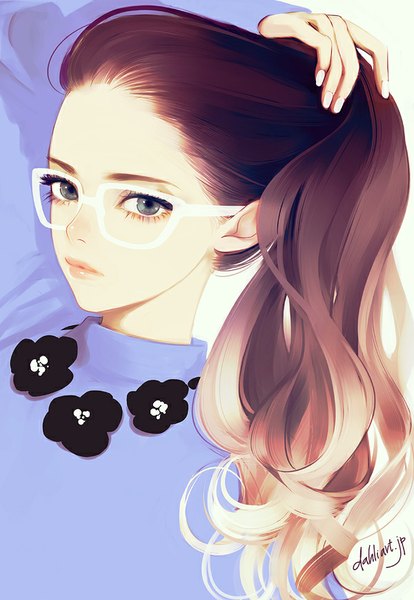 Anime picture 600x869 with original takenaka single long hair tall image looking at viewer simple background brown hair white background signed nail polish grey eyes adjusting hair wavy hair holding hair fashion white nail polish girl glasses