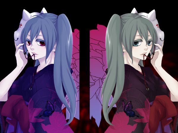 Anime picture 1500x1125 with vocaloid musunde hiraite rasetsu to mukuro (vocaloid) hatsune miku aco (pixiv367952) long hair smile twintails purple eyes blue hair japanese clothes aqua eyes aqua hair dual persona mask on head symmetry girl flower (flowers) mask yukata fox mask