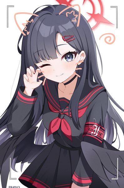 Anime picture 2080x3145 with blue archive ichika (blue archive) exusiai dust single long hair tall image looking at viewer fringe highres black hair simple background smile white background animal ears one eye closed wink black eyes fake animal ears black wings claw pose