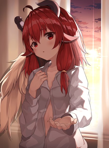 Anime picture 882x1200 with original goat-chan (narane) sira (user dswn7488) single long hair tall image looking at viewer blush fringe open mouth light erotic hair between eyes red eyes animal ears sky cloud (clouds) upper body ahoge red hair indoors