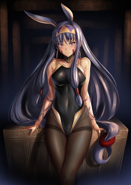 Anime picture 1771x2508 with fate (series) fate/grand order nitocris (fate) ulrich (tagaragakuin) single tall image looking at viewer fringe highres light erotic smile hair between eyes standing purple eyes bare shoulders animal ears payot purple hair very long hair nail polish