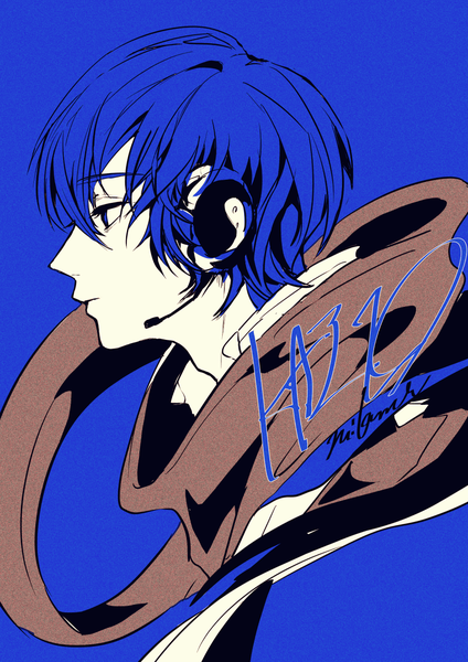 Anime picture 963x1364 with vocaloid kaito (vocaloid) 3kuma single tall image fringe short hair blue eyes simple background hair between eyes blue hair looking away upper body profile character names blue background boy headphones headset