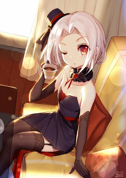 Anime picture 800x1131 with warship girls r vittorio veneto (warship girls r) bison cangshu single tall image looking at viewer short hair red eyes sitting bare shoulders holding signed silver hair parted lips head tilt one eye closed sunlight blurry :o sleeveless