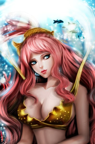 Anime picture 2000x3024 with one piece toei animation shirahoshi lilyzou single long hair tall image highres breasts blue eyes light erotic large breasts pink hair lips realistic lipstick girl fish (fishes)