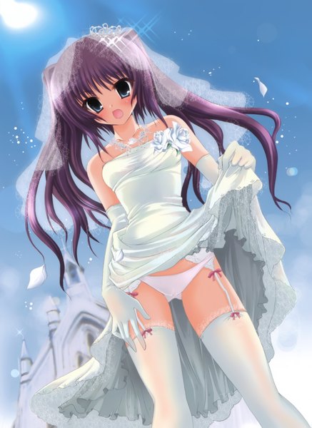 Anime picture 2821x3871 with izumi tsubasu single tall image highres blue eyes light erotic purple hair skirt lift girl thighhighs dress underwear panties white thighhighs building (buildings) jewelry wedding dress church