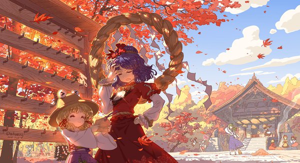 Anime picture 2000x1089 with touhou hakurei reimu kirisame marisa kochiya sanae shameimaru aya inubashiri momiji moriya suwako kagiyama hina kawashiro nitori yasaka kanako aki minoriko aki shizuha pyonta dahuang long hair highres short hair open mouth black hair blonde hair