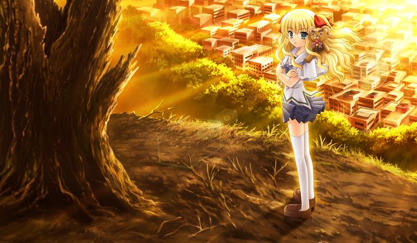 Anime picture 1344x784 with sin kuro to kiiro no shoujo claire asuka pyon long hair blue eyes blonde hair wide image game cg city evening sunset girl thighhighs plant (plants) white thighhighs tree (trees) serafuku toy stuffed animal teddy bear