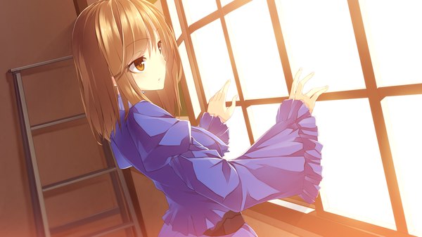 Anime picture 1280x720 with yume ka utsutsu ka matryoshka yagiura nagi single long hair brown hair wide image brown eyes looking away game cg girl dress