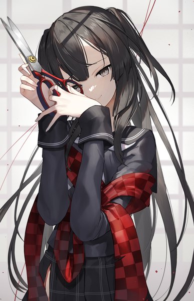 Anime picture 4064x6300 with original scottie (phantom2) single long hair tall image looking at viewer fringe highres black hair smile standing holding absurdres long sleeves head tilt grey eyes two side up checkered checkered scarf girl