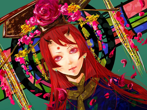 Anime picture 1024x768 with original azusa (artist) single long hair red eyes red hair very long hair japanese clothes horn (horns) oni horns face paint demon girl flower (flowers) earrings petals