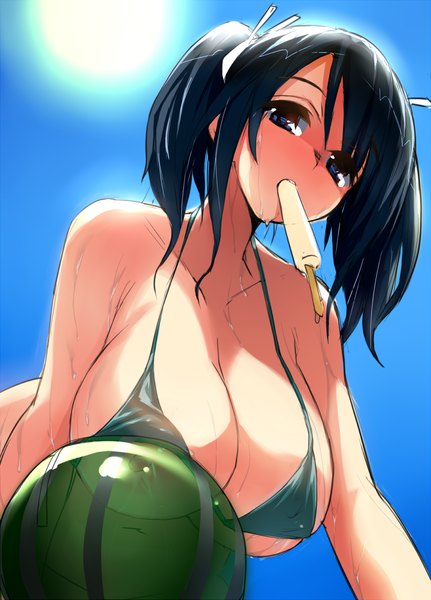 Anime picture 906x1260 with kantai collection souryuu aircraft carrier gen (black factory) single long hair tall image looking at viewer blush breasts light erotic black hair large breasts twintails holding sky cleavage black eyes wet mouth hold summer