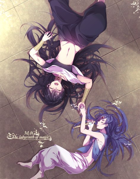 Anime picture 1854x2356 with magi the labyrinth of magic a-1 pictures judal aladdin (magi) takka (aegis9294) long hair tall image fringe highres open mouth light erotic black hair blue hair lying eyes closed profile barefoot from above multiple boys on back