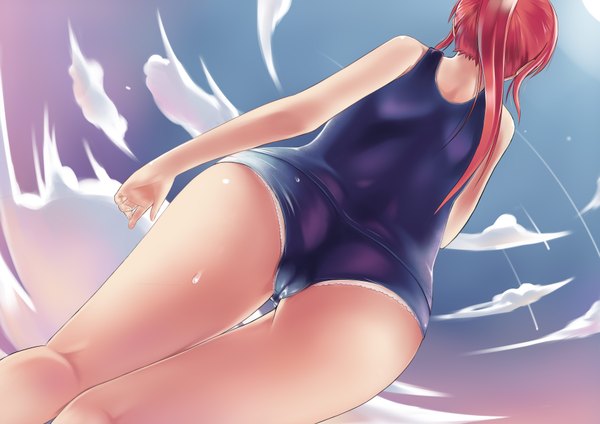Anime picture 3507x2480 with original mou kankan (tims1111) single long hair highres light erotic standing bare shoulders pink hair absurdres sky cloud (clouds) ass ponytail sunlight bare legs wet girl swimsuit one-piece swimsuit