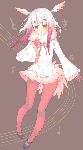 Anime picture 647x1160 with kemono friends crested ibis (kemono friends) sorai shin'ya single long hair tall image looking at viewer blush fringe simple background yellow eyes silver hair red hair blunt bangs parted lips pleated skirt multicolored hair wide sleeves two-tone hair fur trim