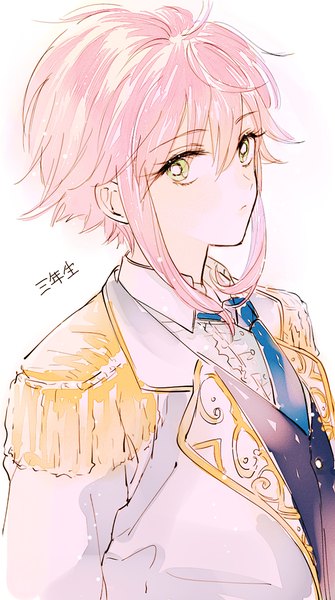 Anime picture 600x1073 with ensemble stars! himemiya touri ahma single tall image looking at viewer fringe short hair simple background hair between eyes white background green eyes payot pink hair portrait androgynous boy necktie epaulettes