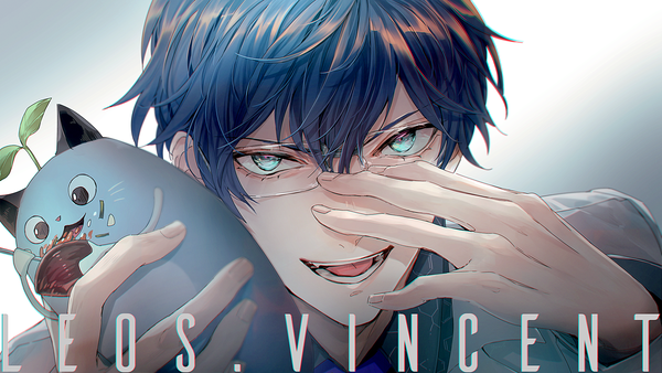 Anime picture 2048x1152 with virtual youtuber nijisanji leos vincent mameneko (leos vincent) nemumi no sora single looking at viewer fringe highres short hair open mouth blue eyes simple background hair between eyes wide image blue hair :d fingernails character names adjusting glasses