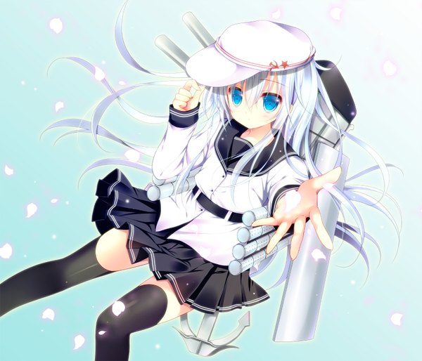 Anime picture 1600x1371 with kantai collection hibiki destroyer verniy destroyer shirogane hina single long hair looking at viewer blue eyes white hair hammer and sickle girl thighhighs skirt weapon black thighhighs petals star (symbol) sailor suit flat cap