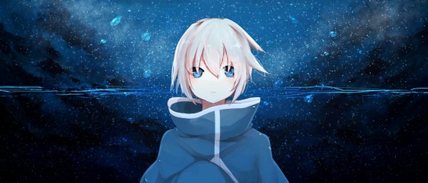 Anime picture 1300x557 with liceli (artist) blush short hair blue eyes wide image pink hair night sky star (stars)