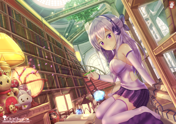 Anime picture 1024x724 with original chinchongcha single long hair looking at viewer fringe breasts hair between eyes sitting purple eyes holding purple hair indoors head tilt pleated skirt sparkle no shoes girl thighhighs skirt