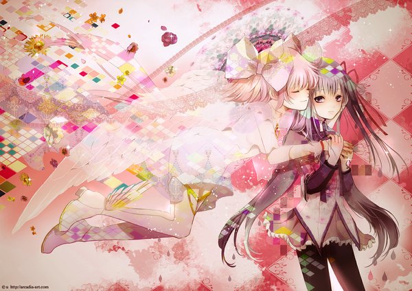 Anime picture 1169x827 with mahou shoujo madoka magica shaft (studio) akemi homura kaname madoka yuu (arcadia) long hair short hair black hair purple eyes multiple girls pink hair eyes closed hug girl dress flower (flowers) bow 2 girls hair bow wings