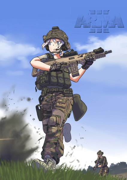 Anime picture 2893x4092 with arma (series) erica (naze1940) long hair tall image fringe highres blue eyes hair between eyes holding looking away sky cloud (clouds) full body outdoors white hair ponytail :o from below copyright name smoke