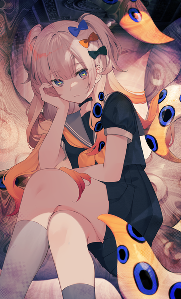 Anime picture 727x1200 with original achiki single tall image looking at viewer fringe sitting two side up crossed legs head rest girl uniform bow hair bow choker socks serafuku tentacles