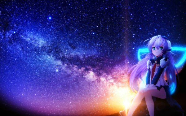 Anime picture 1920x1200 with planetarian hoshino yumemi single long hair highres blue eyes looking away white hair night lens flare evening sunset milky way girl dress star (stars)