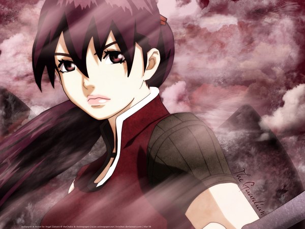 Anime picture 1600x1200 with seirei no moribito production i.g balsa yonsa single long hair looking at viewer fringe hair between eyes brown eyes purple hair cloud (clouds) upper body ponytail copyright name lipstick portrait pink lipstick fog girl