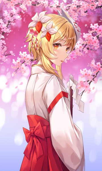 Anime picture 2450x4094 with genshin impact lumine (genshin impact) lunacle single tall image looking at viewer blush fringe highres short hair open mouth blonde hair holding payot traditional clothes japanese clothes hair flower from behind orange eyes alternate costume