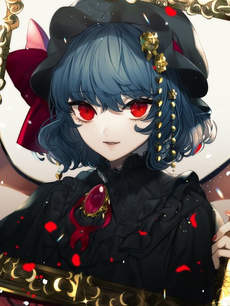 Anime picture 1500x2000 with touhou remilia scarlet renkarua single tall image looking at viewer fringe short hair hair between eyes red eyes blue hair upper body nail polish parted lips grey background sparkle floral print portrait frilled dress slit pupils