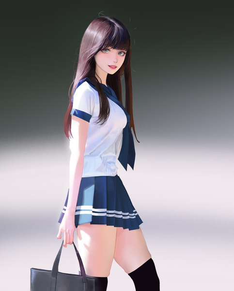 Anime picture 2416x3000 with original wonbin lee single long hair tall image looking at viewer fringe highres brown hair standing parted lips pleated skirt sunlight grey background short sleeves lipstick gradient background makeup girl thighhighs