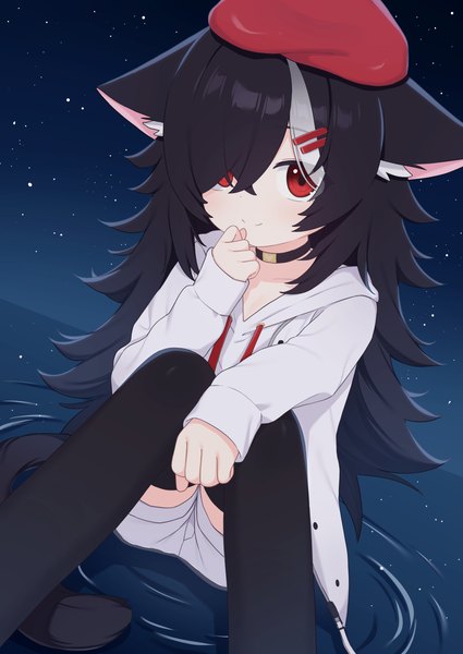 Anime picture 1254x1771 with original matanukinuki single long hair tall image looking at viewer blush fringe black hair smile red eyes sitting animal ears bent knee (knees) outdoors tail animal tail multicolored hair arm up cat ears