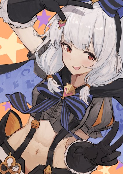 Anime picture 1351x1911 with granblue fantasy vikala (granblue fantasy) vikala (halloween) (granblue fantasy) punished pigeon single long hair tall image looking at viewer open mouth red eyes twintails silver hair :d midriff low twintails official alternate costume victory halloween girl gloves