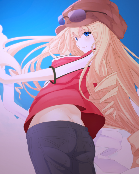 Anime picture 1000x1254 with infinite stratos 8bit cecilia orcott eltk single long hair tall image blush blue eyes light erotic blonde hair smile sky looking back from below coloring drill hair girl pants sunglasses