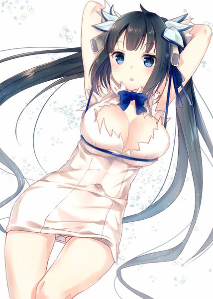 Anime picture 700x981 with dungeon ni deai wo motomeru no wa machigatteiru darou ka j.c. staff hestia (danmachi) nunucco single long hair tall image looking at viewer blush breasts blue eyes light erotic black hair large breasts twintails covered navel rei no himo girl dress hair ornament