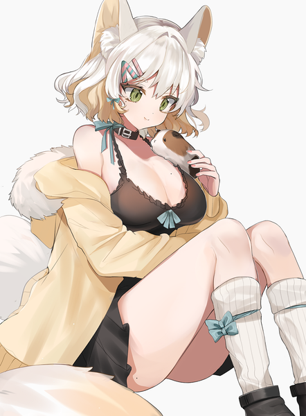 Anime picture 1000x1358 with original mid (gameshe) single tall image fringe short hair breasts light erotic simple background smile hair between eyes large breasts white background sitting bare shoulders green eyes animal ears looking away cleavage white hair