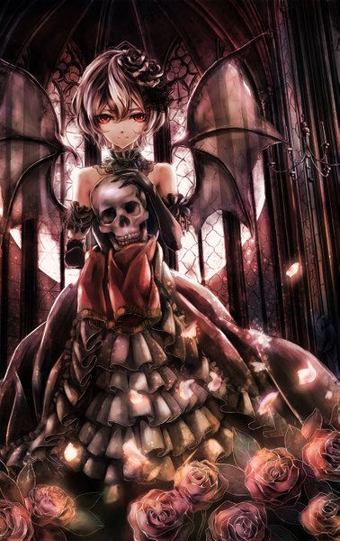 Anime picture 883x1400 with touhou remilia scarlet jan (lightdragoon) single tall image looking at viewer short hair red eyes standing bare shoulders holding white hair hair flower bat wings girl dress gloves hair ornament flower (flowers) petals