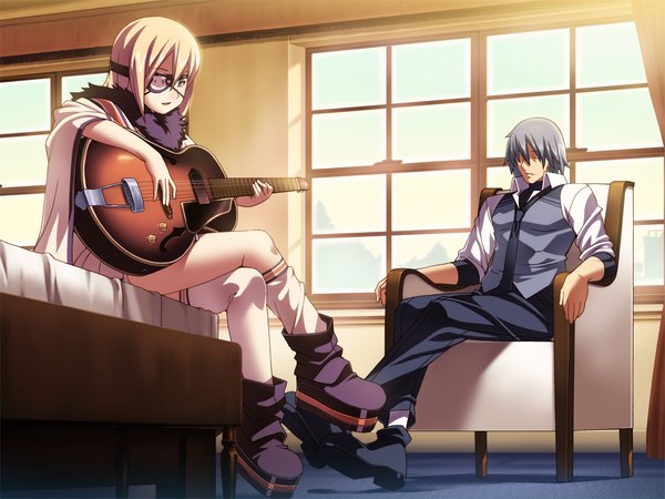 Anime picture 1024x768 with hotel (game) blue eyes blonde hair sitting game cg grey hair loli girl thighhighs boy white thighhighs eyepatch guitar