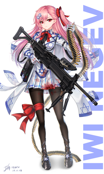 Anime picture 1200x2000 with girls frontline negev (girls' frontline) baek hyang single long hair tall image looking at viewer blush fringe breasts simple background smile hair between eyes red eyes standing white background holding signed pink hair full body