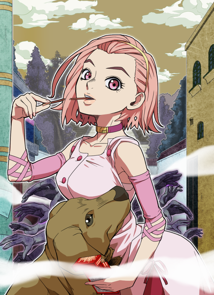 Anime picture 723x996 with jojo no kimyou na bouken sugimoto reimi arnold (jojo) uganda tall image looking at viewer short hair pink hair sky cloud (clouds) pink eyes eyebrows eating girl dress plant (plants) detached sleeves animal tree (trees) choker