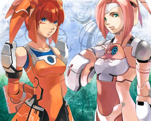 Anime picture 1280x1024 with phantasy star phantasy star online sega racaseal hucaseal looking at viewer short hair breasts blue eyes smile large breasts bare shoulders multiple girls green eyes pink hair red hair orange hair facial mark hand on chest hands behind back